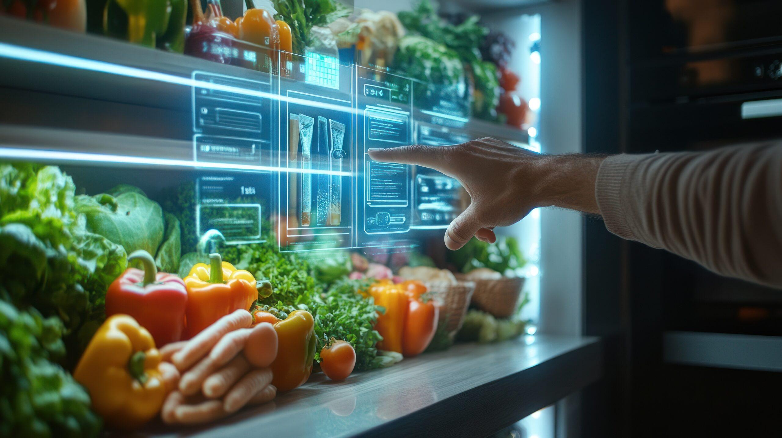 Hand bedient ein transparentes OLED-Display in einem Kühlschrank mit frischem Gemüse und interaktiven Informationen.