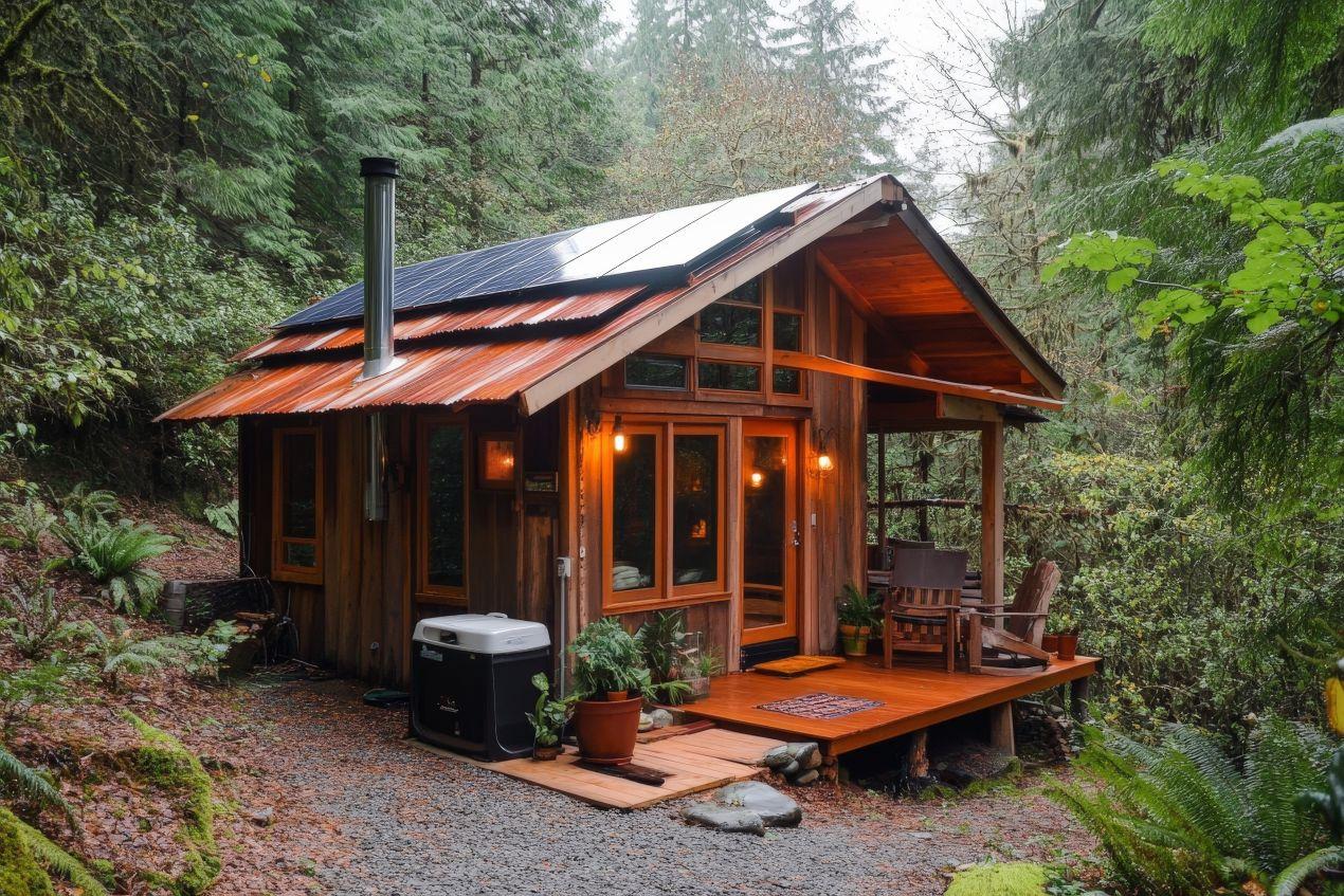 Ein gemütliches Tiny House mit Solarpanelen, umgeben von Natur, mit einer umweltfreundlichen Trockentrenntoilette im Vordergrund.