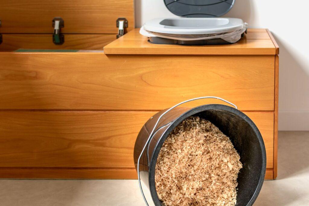 Eine Trockentrenntoilette aus Holz mit einem Eimer voller Sägespäne, die nachhaltige und hygienische Lösungen im Alltag zeigt.