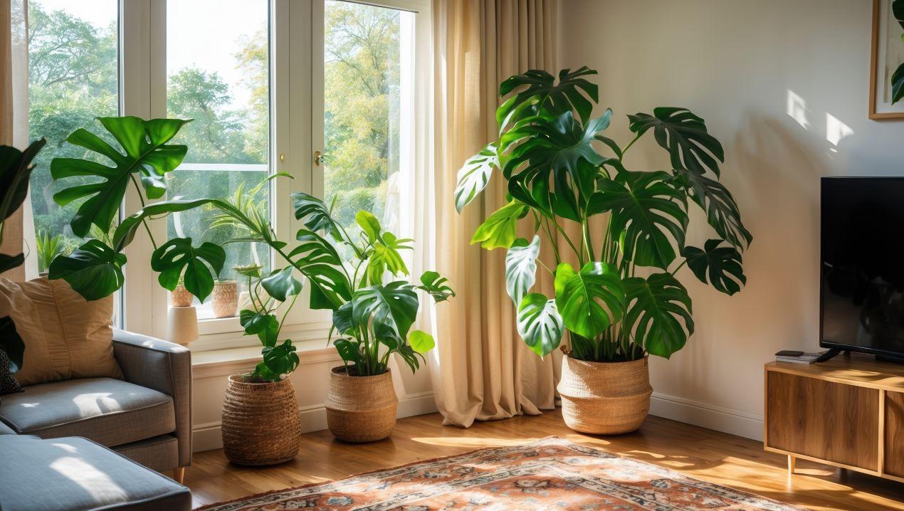 Helles Wohnzimmer mit großen Monstera-Pflanzen in stilvollen Blumentöpfen, die für eine bessere Luftqualität sorgen.