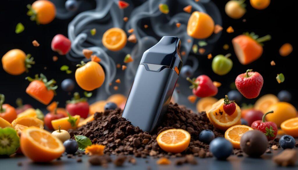 Vape-Geraet steht zwischen Orangen, Beeren und Schokolade – elfliq symbolisiert Vielfalt beim Dampfen