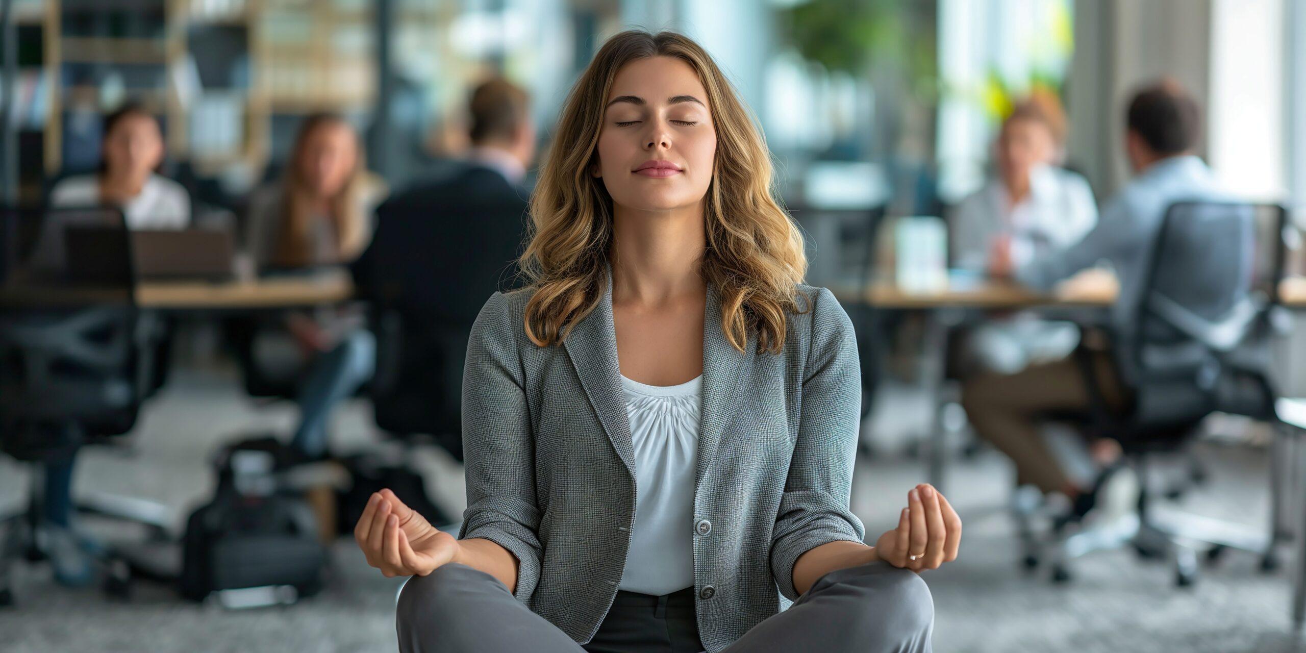 eine Geschäftsfrau, die im Büro meditiert, Geschäftsleben und Stress