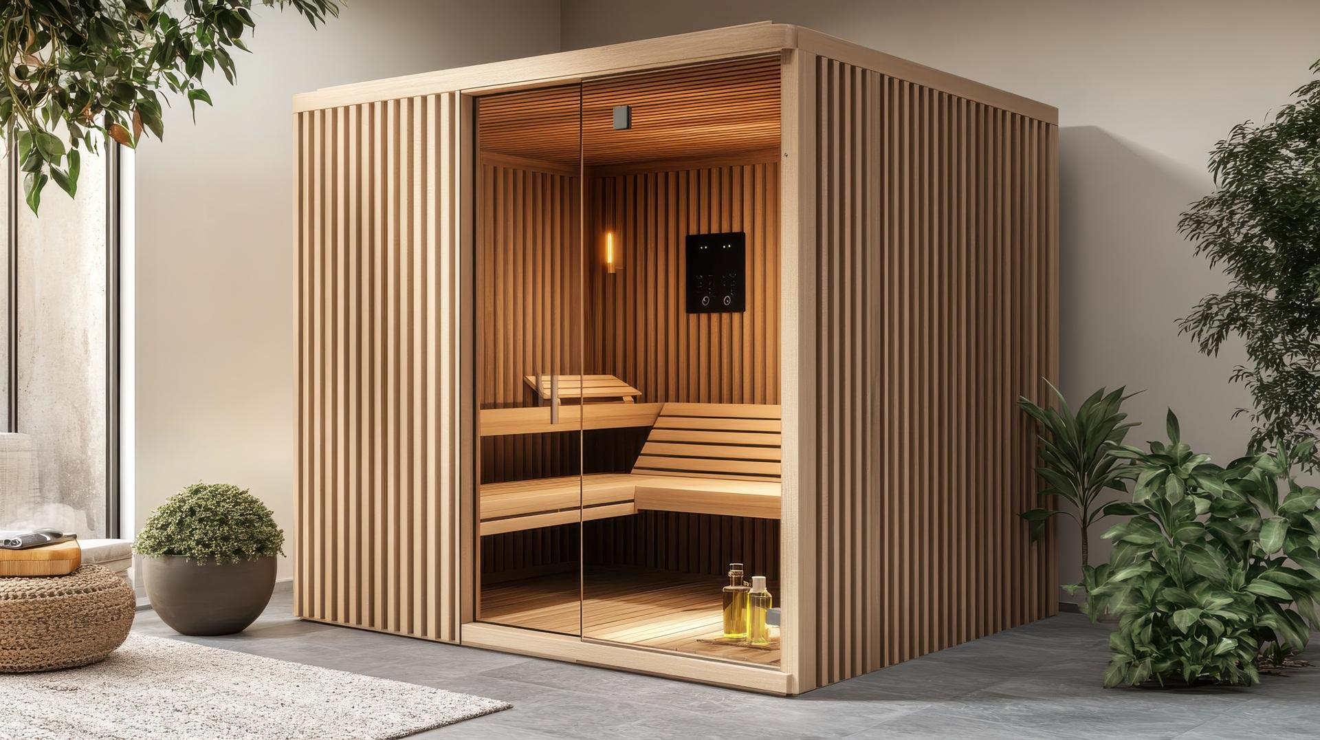 Sauna im Wohnbereich mit Holzlamellenstruktur | Akustikpaneel

