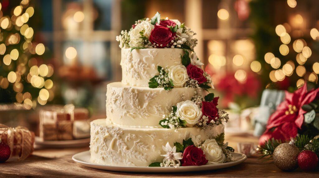 Dreistoeckige Torte mit roten und weissen Rosen | Brautmode Kiel