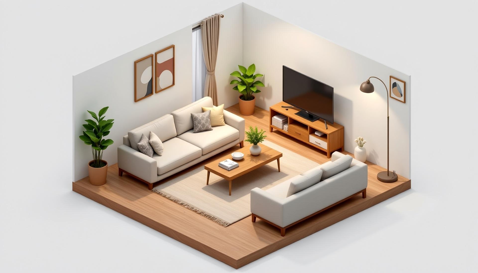 Moderne 3D-Darstellung eines hellen Wohnzimmers mit Holztönen | Fliesen Mönchengladbach